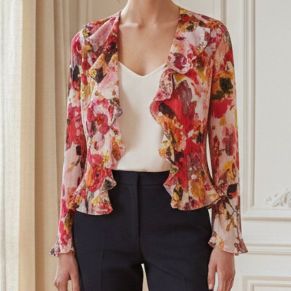 Caeliann Red & Pink Floral Pleated Ruffle Cropped Jacket Size Small